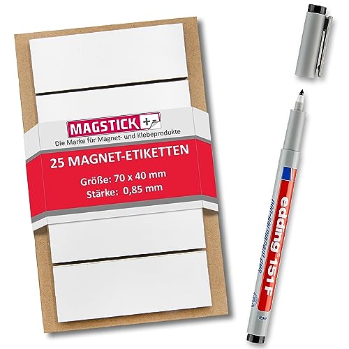 25 beschreibbare Magnet-Etiketten Magstick® I 7 x 4 cm weiß I magnetische Beschriftungsfolie beschreibbar Magnet-Streifen zum Beschriften I mag073 von Magstick