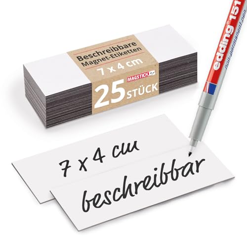 25 beschreibbare Magnet-Etiketten Magstick® I 7 x 4 cm weiß I magnetische Beschriftungsfolie beschreibbar Magnet-Streifen zum Beschriften I mag073 von Magstick