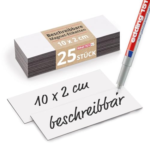 25 beschreibbare Magnet-Etiketten Magstick I 10 x 2 cm weiß I magnetische Beschriftungsfolie beschreibbar Magnet-Streifen zum Beschriften I mag_071 von Magstick