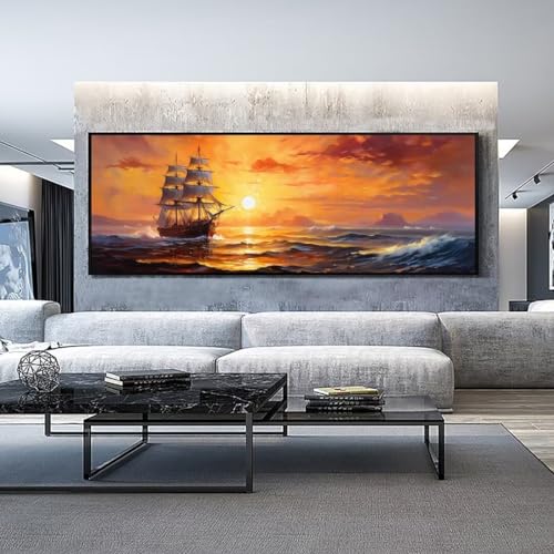 Segelboot Sonnenuntergang Diamond Painting Malen Nach Zahlen Erwachsene, 5D Diamond Painting Erwachsene Diamant Painting Bilder Kinder, DIY Dimondpaintin Craft für Wand Deko Aesthetic 30x90 cm-141k von Mahoxua