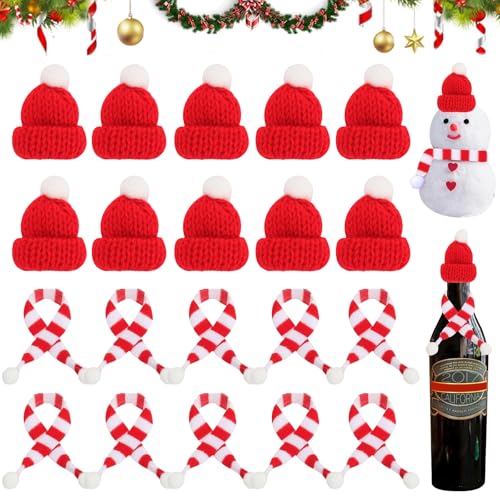 MaibaoteMbt Mini Weihnachts Weinflasche Topper Hut, 20 Stück Mini Weihnachtsmütze und Schal Set, Weihnachten Strickmütze, Santa Puppen Hut, Mini Nikolausmütze, für Tischdeko, Weihnachtsfeiern (M2) von MaibaoteMbt