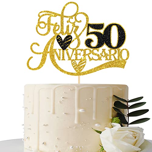 Gold Glitter Feliz 50 Aniversario Kuchendekoration – für 50. Hochzeitstag / 50. Geburtstag Jahrestag Party Dekorationen Zubehör Cheers to 50 Years Schild von Maicaiffe