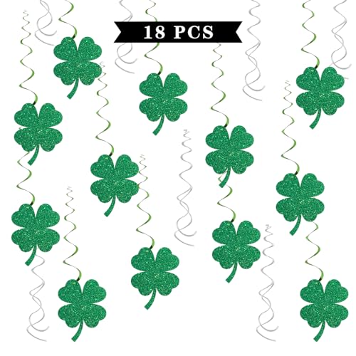 Lucky Cover hängende Wirbel-Dekorationen – Glitzer 18 Stück St. Patrick's DayClover Partyzubehör – Geburtstag Babyparty Hochzeit Luftschlangen – irische Festival hängende Folienwirbel von Maicaiffe