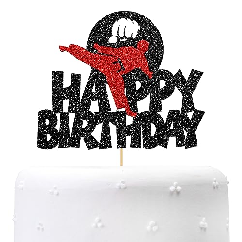 Maicaiffe Taekwondo Happy Birthday Cake Topper, Kung Fu Karate Sport Thema Geburtstagsparty - Jungen Mädchen Boxen Taekwondo Geburtstag Party Kuchen Dekorationen Schwarz Glitzer von Maicaiffe