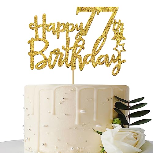 Tortenaufsatz zum 77. Geburtstag, goldfarbener Glitzer, Partyzubehör zum 77. Geburtstag von Maicaiffe