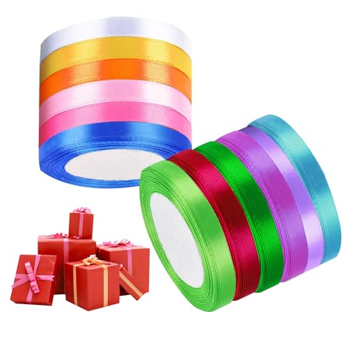 MaikcQ 12 Farben Geschenkband Set, 22 m x 10 mm Satinband, Dekoration Seidenband, Glattes Polyester mit Befestigungsfunktion, zum Dekorieren oder Verpacken von Geschenken von MaikcQ