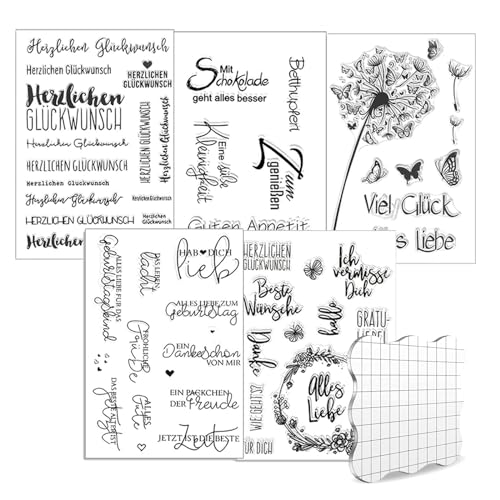 MaikcQ Silikonstempel Set, 5 Blätter Clear Silikonstempel Sprüche Deutsch Set, 5 Stile Silikon Clear Stempelset für DIY Einladungen Scrapbooking Fotoalbum (mit Acrylblock) von MaikcQ