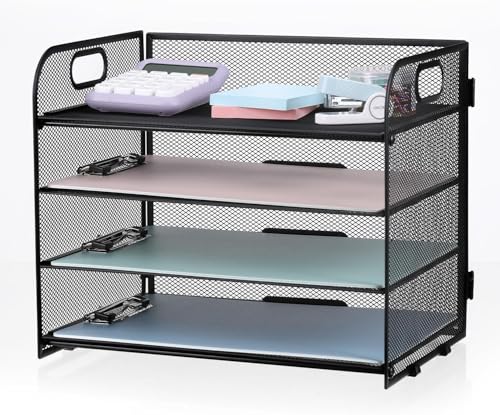 Mailain A4 Briefablage Dokumentenablage aus Metall, 4 Fächer, Mesh Design Schreibtischablage Papierablage mit Griff, Schwarz, Kompakt, 32.8 x 24.7 x 27.6 cm von Mailain