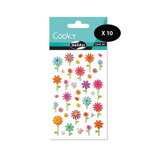 Maildor 560356Cpack – ein Beutel mit 3D-Aufklebern Cooky, 1 Bogen 7,5 x 12 cm, Blumen (37 Aufkleber), 10 Stück von Maildor