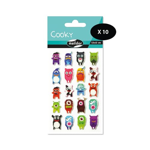 Maildor 560412Cpack – eine Packung mit 3D-Aufklebern Cooky, 1 Bogen 7,5 x 12 cm, Monster (20 Aufkleber), 10 Stück von Maildor