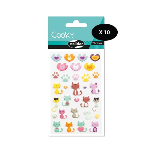 Maildor 560500Cpack – ein Beutel mit 3D-Aufklebern Cooky, 1 Bogen 7,5 x 12 cm, Katzen/Herzen (31 Aufkleber), 10 Stück von Maildor