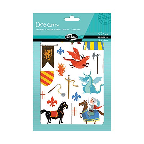 Maildor AE135O Packung mit 6 Bögen Stickers Dreamy in Format DIN A5, 14, 8 x 21cm, ideal für Kinder ab 2 Jahren, Ritter) 1 Pack von Maildor