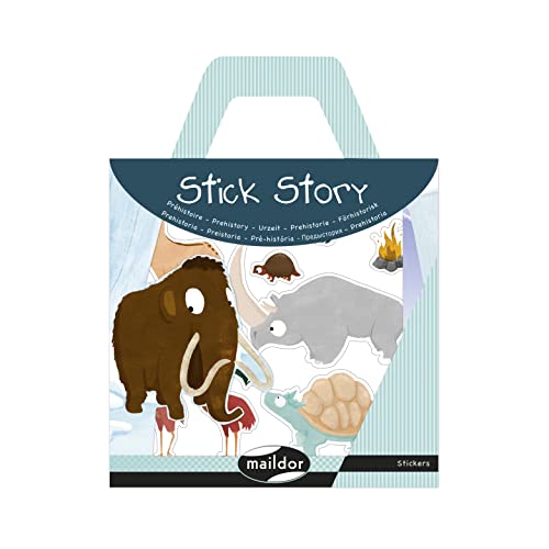 Maildor AF029C - Kreativset Stick Story mit 4 repositionierbaren Stickerbogen und 2 großen Bildern zum Personalisieren, Packung mit Griff 15x19,5 cm, Einhörner, 1 Set von Maildor