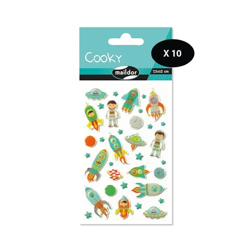 Maildor CY005Opack – eine Packung mit 3D-Aufklebern Cooky, 1 Bogen 7,5 x 12 cm, Raketen (35 Aufkleber), 10 Stück von Maildor