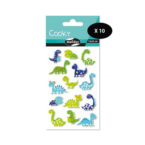 Maildor CY006Opack – eine Packung mit 3D-Aufklebern Cooky, 1 Bogen 7,5 x 12 cm, Dinosaurier (14 Aufkleber), 10 Stück von Maildor