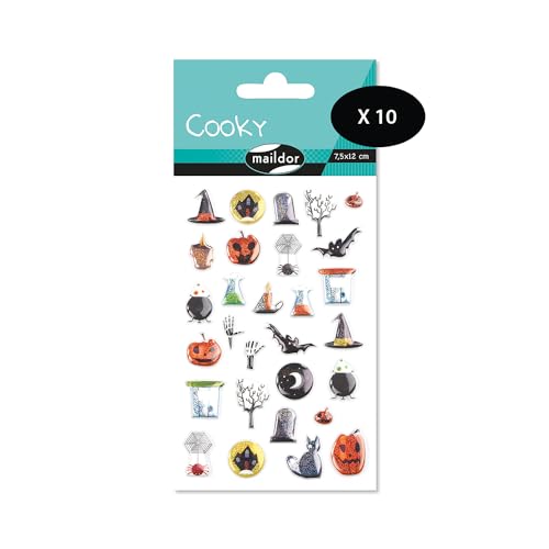 Maildor CY038Opack – eine Packung mit 3D-Aufklebern Cooky, 1 Bogen 7,5 x 12 cm, Halloween (29 Aufkleber), 10 Stück von Maildor