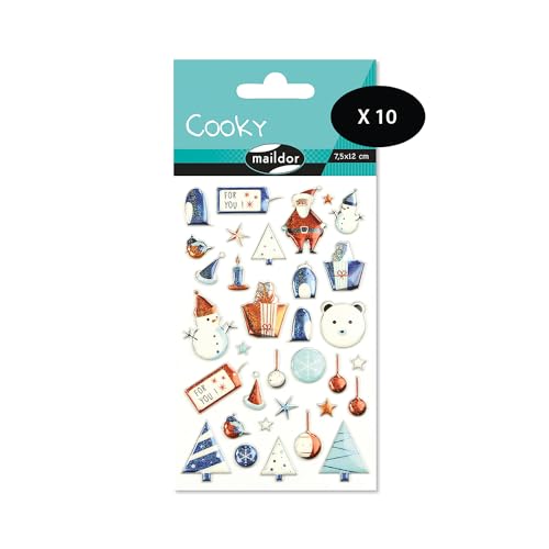 Maildor CY041Opack – eine Packung mit 3D-Aufklebern Cooky, 1 Bogen 7,5 x 12 cm, Weihnachten, Kinder, Blau (33 Aufkleber), 10 Stück von Maildor