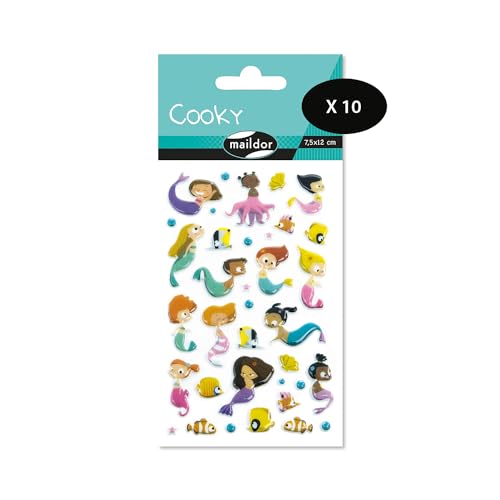 Maildor CY104Cpack – eine Packung mit 3D-Aufklebern Cooky, 1 Bogen 7,5 x 12 cm, Meerjungfrauen (36 Aufkleber), 10 Stück von Maildor