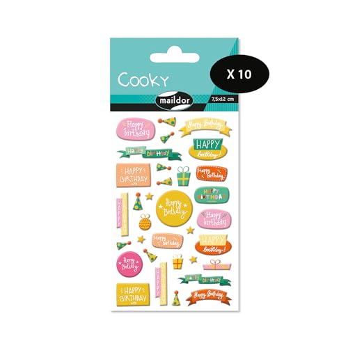 Maildor CY132Cpack – eine Packung mit 3D-Aufklebern Cooky, 1 Bogen 7,5 x 12 cm, Happy Birthday (27 Aufkleber), 10 Stück von Maildor