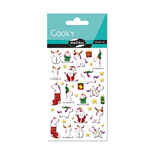 Maildor CY133C - Packung mit 1 Bogen 3D-Stickers Cooky, 7,5x12cm, 34 Stickers, ideal ab 4 Jahren, Einhörner Weihnachten, 1 Pack von Maildor