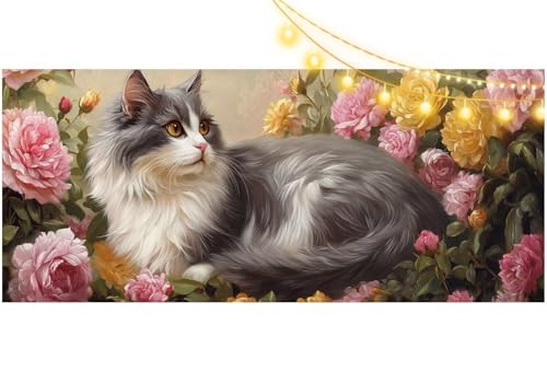 Diamond Painting Katze Diamant Painting Bilder Blume Malen nach Zahlen Erwachsene Kinder, 5D DIY Diamond Art Bilder Basteln Diamant Kunst Malerei Stickerei Set, Deko Wohnzimmer Zuhause 100x50 cm m520 von Mailielie