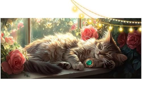 Diamond Painting Katze Diamant Painting Bilder Blume Malen nach Zahlen Erwachsene Kinder, 5D DIY Diamond Art Bilder Basteln Diamant Kunst Malerei Stickerei Set, Deko Wohnzimmer Zuhause 100x50 cm m522 von Mailielie