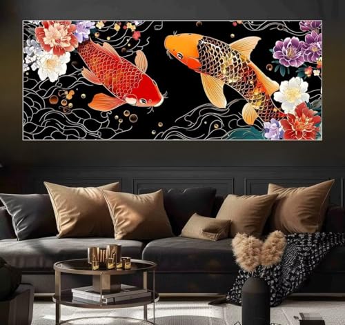 Malen Nach Zahlen Flowers, Koi Fish Malen Nach Zahlen Erwachsene DIY Paint by Numbers Kinder Gemälde inklusive Pinsel und Acrylfarben Handgemalt Ölgemälde Leinwand Bastelset (Frameless)(100x200cm) von Mailielie