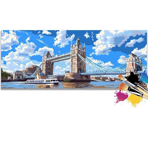 Malen Nach Zahlen Landschaft, Tower Bridge London Malen Nach Zahlen Erwachsene DIY Paint by Numbers Kinder Gemälde inklusive Pinsel und Acrylfarben Handgemalt Ölgemälde Leinwand (Frameless)(70x140cm) von Mailielie