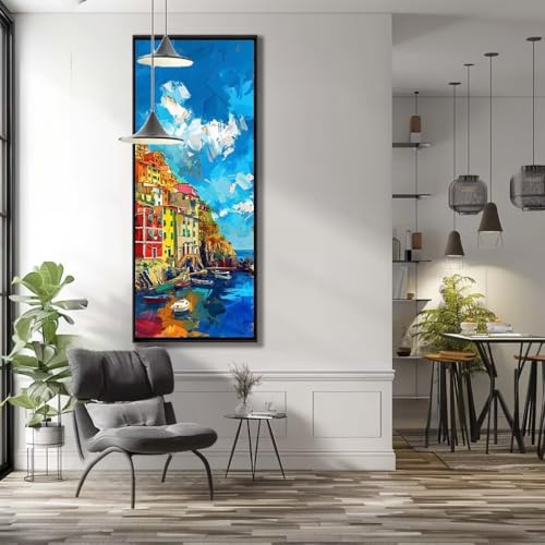 Malen Nach Zahlen Landschaft,Kleine Stadt Malen Nach Zahlen Erwachsene DIY Paint by Numbers Kinder Gemälde inklusive Pinsel und Acrylfarben Handgemalt Ölgemälde Leinwand Bastelset(Frameless)(80x160cm) von Mailielie