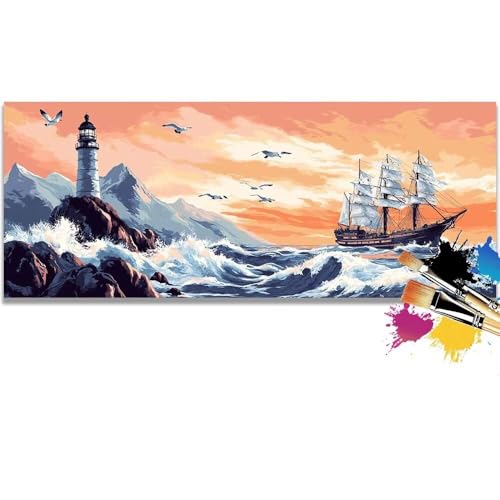 Malen Nach Zahlen Lighthouse, Ship Malen Nach Zahlen Erwachsene DIY Paint by Numbers Kinder Gemälde inklusive Pinsel und Acrylfarben Handgemalt Ölgemälde Leinwand Bastelset (Frameless)(100x200cm) von Mailielie