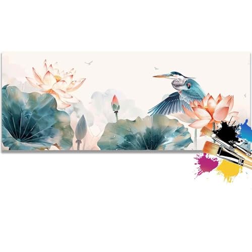 Malen Nach Zahlen Lotus, Bird Malen Nach Zahlen Erwachsene DIY Paint by Numbers Kinder Gemälde inklusive Pinsel und Acrylfarben Handgemalt Ölgemälde Leinwand Bastelset Geschenk (Frameless)(100x200cm) von Mailielie