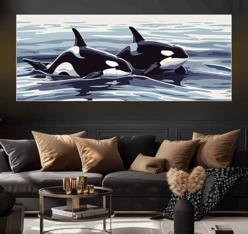 Malen Nach Zahlen Orcas, Sea Malen Nach Zahlen Erwachsene DIY Paint by Numbers Kinder Gemälde inklusive Pinsel und Acrylfarben Handgemalt Ölgemälde Leinwand Bastelset für Geschenk (Frameless)(40x80cm) von Mailielie