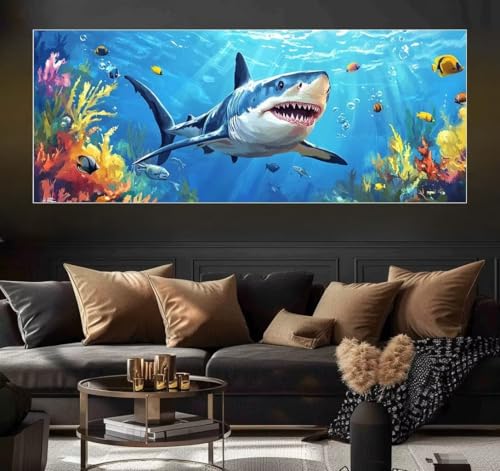 Malen Nach Zahlen Sea, Shark Malen Nach Zahlen Erwachsene DIY Paint by Numbers Kinder Gemälde inklusive Pinsel und Acrylfarben Handgemalt Ölgemälde Leinwand Bastelset für Geschenk (Frameless)(20x40cm) von Mailielie