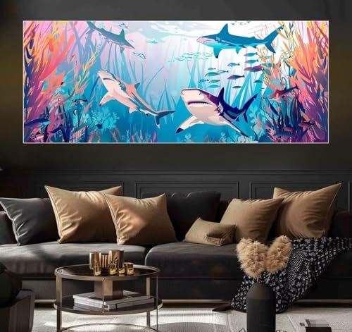 Malen Nach Zahlen Shark, Sea Malen Nach Zahlen Erwachsene DIY Paint by Numbers Kinder Gemälde inklusive Pinsel und Acrylfarben Handgemalt Ölgemälde Leinwand Bastelset für Geschenk (Frameless)(20x40cm) von Mailielie