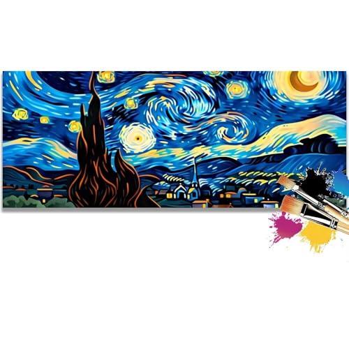 Malen Nach Zahlen Starry Sky, Small Town Malen Nach Zahlen Erwachsene DIY Paint by Numbers Kinder Gemälde inklusive Pinsel und Acrylfarben Handgemalt Ölgemälde Leinwand Bastelset (Frameless)(30x60cm) von Mailielie