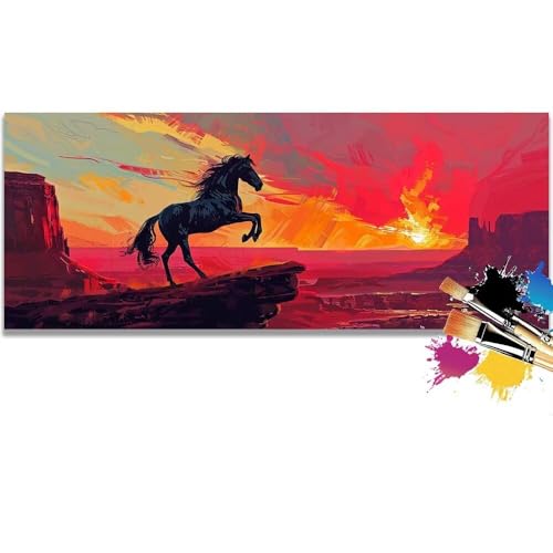 Malen Nach Zahlen Sunset, Horse Malen Nach Zahlen Erwachsene DIY Paint by Numbers Kinder Gemälde inklusive Pinsel und Acrylfarben Handgemalt Ölgemälde Leinwand Bastelset Geschenk (Frameless)(40x80cm) von Mailielie