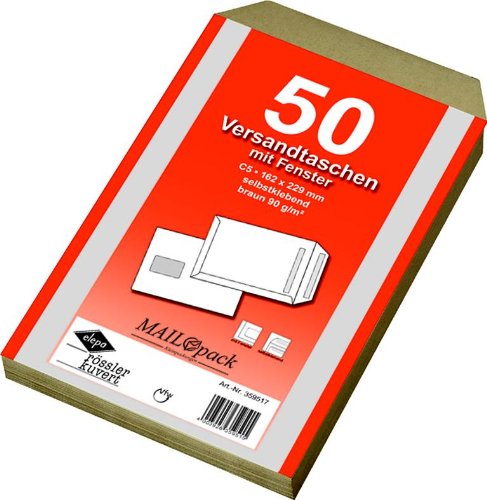 100 (2x 50) Mailpack® Versandtaschen C5 braun mit Fenster von Mailmedia