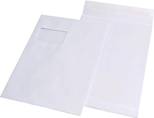 MAILmedia® Versandtasche, mit Falte, 20 mm, Stehboden, mit Fenster, haftklebend, C4, 120 g/m², Offset, weiß (100 Stück), Sie erhalten 1 Packung á 100 Stück von Mailmedia