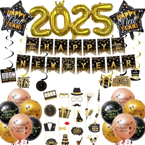 Mainiusi 48er Silvester Deko 2025, Luftballons Silvester Deko, Happy New Year Deko 2025 Luftballons Set, Luftballons Deko Silvester Party 2025 mit HAPPY NEW YEAR Banner, 21 Foto-Requisiten von Mainiusi