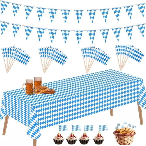 Mainiusi Oktoberfest Deko Set 23er, 1 Oktoberfest Tischdecke 274x137cm, 2 Bayerische Flagge Wimpel Banner 10 Meter, 20 Blau Weiß Flagge, Bayerische Deko Set für Bierzelten Bier Festival München von Mainiusi