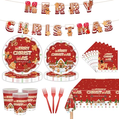 Mainiusi Partygeschirr Weihnachten Deko 86er, 16 Gäste Weihnachten Teller Set, Weihnachtstischdecke Party Geschirr, Weihnachten Dekoration Banner, Tischdecke, Pappteller, Servietten, Pappbecher (Rot) von Mainiusi