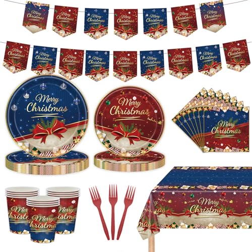 Mainiusi Partygeschirr Weihnachten Deko 86er, 16 Gäste Weihnachten Teller Set, Weihnachtstischdecke Party Geschirr, Weihnachten Dekoration Banner, Tischdecke, Pappteller, Servietten, Pappbecher (Blau) von Mainiusi