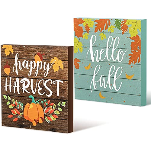 Maitys 2 Stück Thanksgiving Hello Fall Schild Happy Harvest Dekor Schild Kürbisse Herbst Holzblock Rustikaler Bauernhaus Tisch Mittelstück für Zuhause Urlaub Herbst Party Tiered Tablett Dekor von Maitys