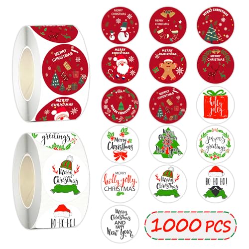 Weihnachtsaufkleber, 1000pcs(2 Rollen) Frohe Weihnachten Aufkleber für Kunsthandwerk Geschenke Weihnachten Dekoration, Weihnachten Tags Aufkleber Aufkleber für Scrapbooking Weihnachten Zubehör von Leesgel