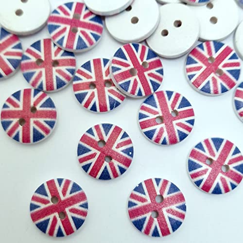 MajorCrafts® 50 Stück 15 mm Union Jack Britische Flagge 2 Löcher Runde Holz Nähen Knöpfe Handarbeit Kunst und Handwerk Verzierungen von Majorcrafts