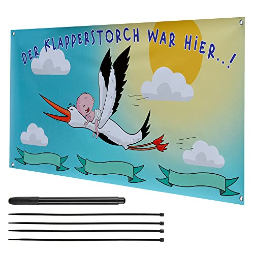 Makai Baby Banner Plakat zur Geburt Storch Geschenk 160 x 70 cm Plakat für Balkon Garten zum Aufhängen am Haus personalisierbar für Kind Geschenk mit Storch der Klapperstorch war hier Mama und Kind… von Makai