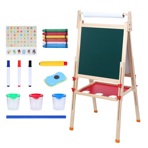 Makamsui Kinder-Kunststaffelei mit Papierrolle, Holzstaffelei für Kleinkinder, höhenverstellbar, magnetisch, doppelseitig, für Kinder, trocken abwischbar, magnetisch, Whiteboard, Malpapier, Ständer von Makamsui