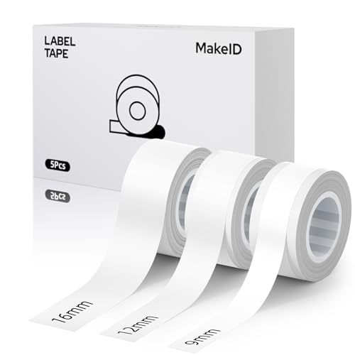 MakeID L1 Q1 E1 Etikettenband, 3 Packungen 9/12/16 mm x 4 m Nachfüllungen Wasserdicht Laminiert Personalisierte Aufkleber Für Büro Zuhause Thermische Aufkleber Ersatz von Makeid