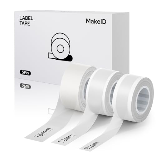 MakeID L1 Q1 E1 Etikettenband, 3 Packungen 9/12/16 mm x 4 m Nachfüllungen Wasserdicht Laminiert Personalisierte Aufkleber Für Büro Zuhause Thermische Aufkleber Ersatz von Makeid