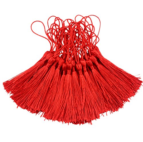 100pcs 13cm / 5 Zoll Seidige Floss Lesezeichen Quasten mit 2-Zoll-Kabel Schleife und Kleinen Chinesischen Knoten für Schmuck Machen, Souvenir, Lesezeichen, DIY Handwerk Zubehör (Rot) von Makhry